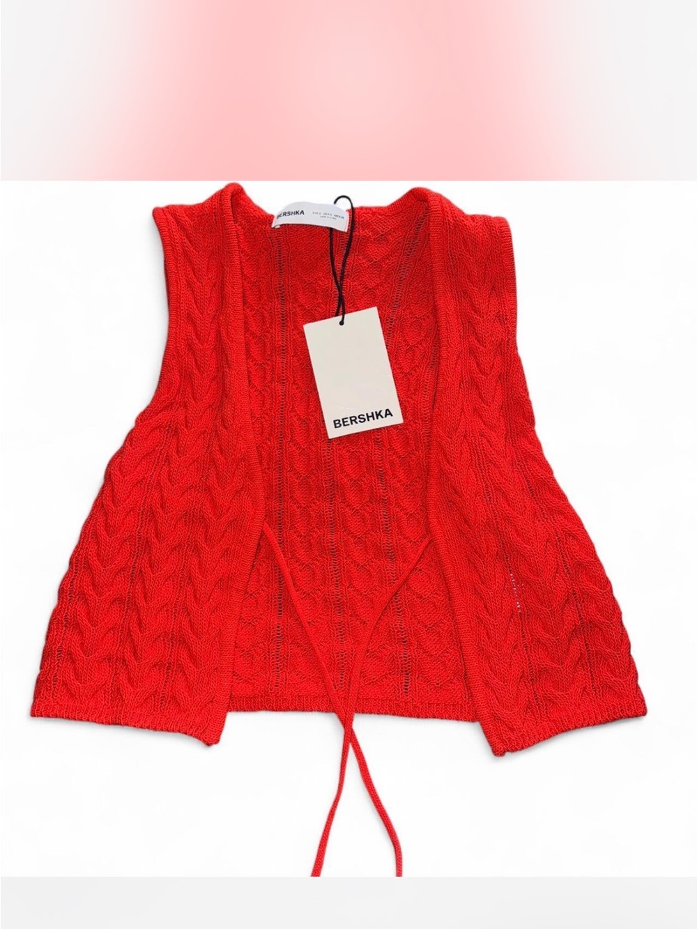 Bershka Bright Red Cable-Knit Open-Front Sweater Vest